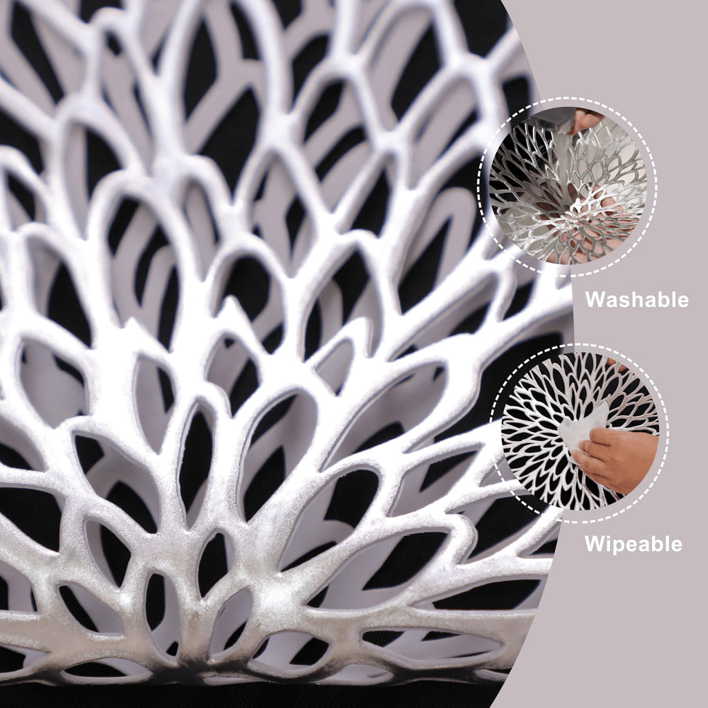 6 Pack Silver Placemats Metallic Glitter Pressed Vinyl Dinning Table Mats Decorative Round Leaf Charger for Winter