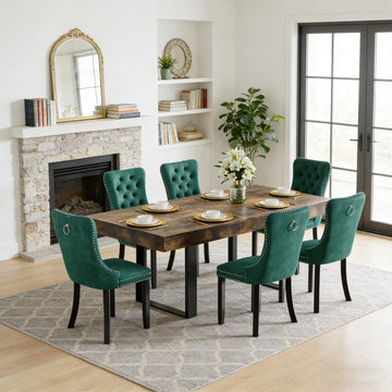 7-Piece Extendable Dining Table Set for 6, 63-78 Inch Rustic Brown Kitchen Table Set with 6 Green Tufted Chairs