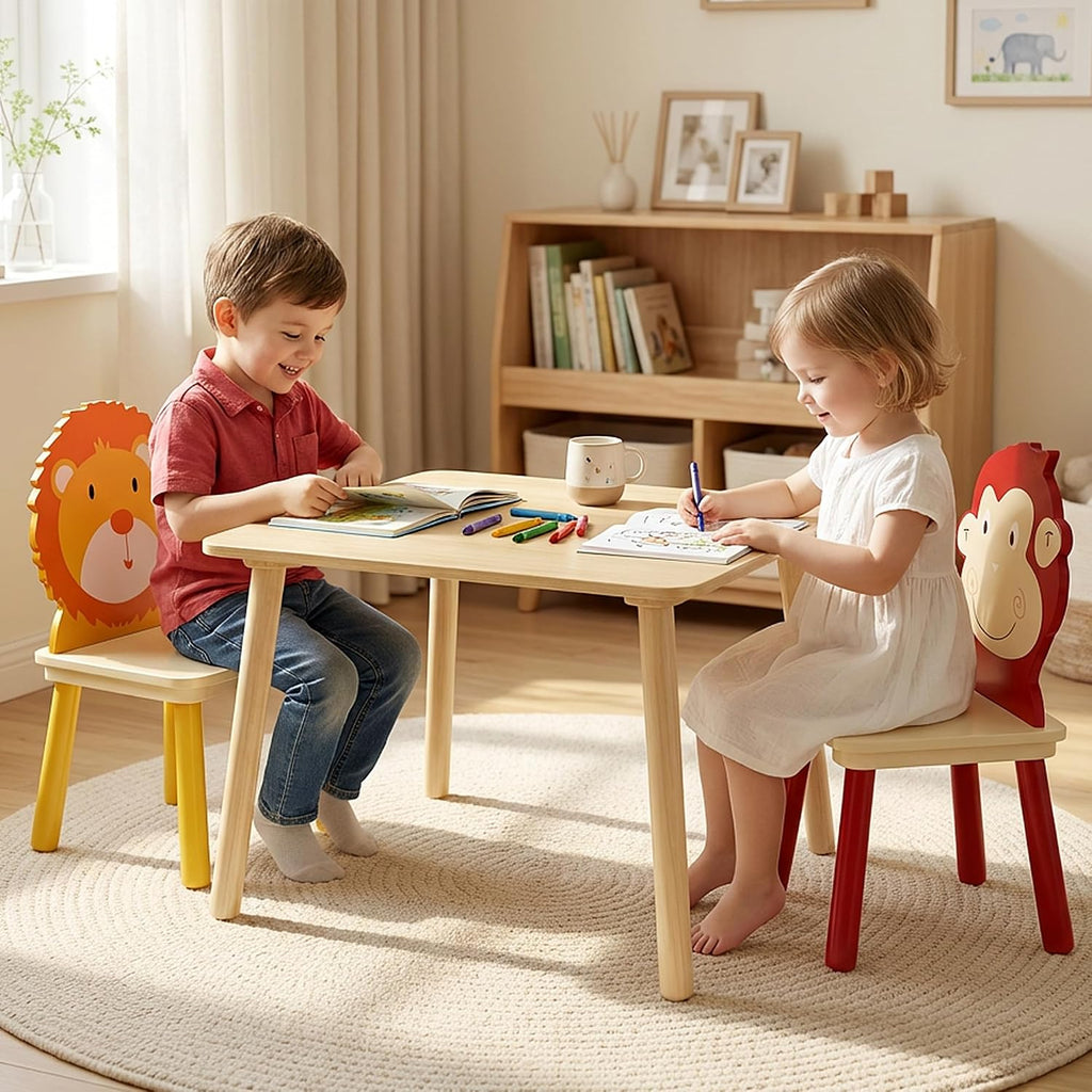 Kids Table and 2 Chairs, Wooden Stable Table and Chair Set (Lion&Monkey), Ideal for Arts & Crafts, Snack Time