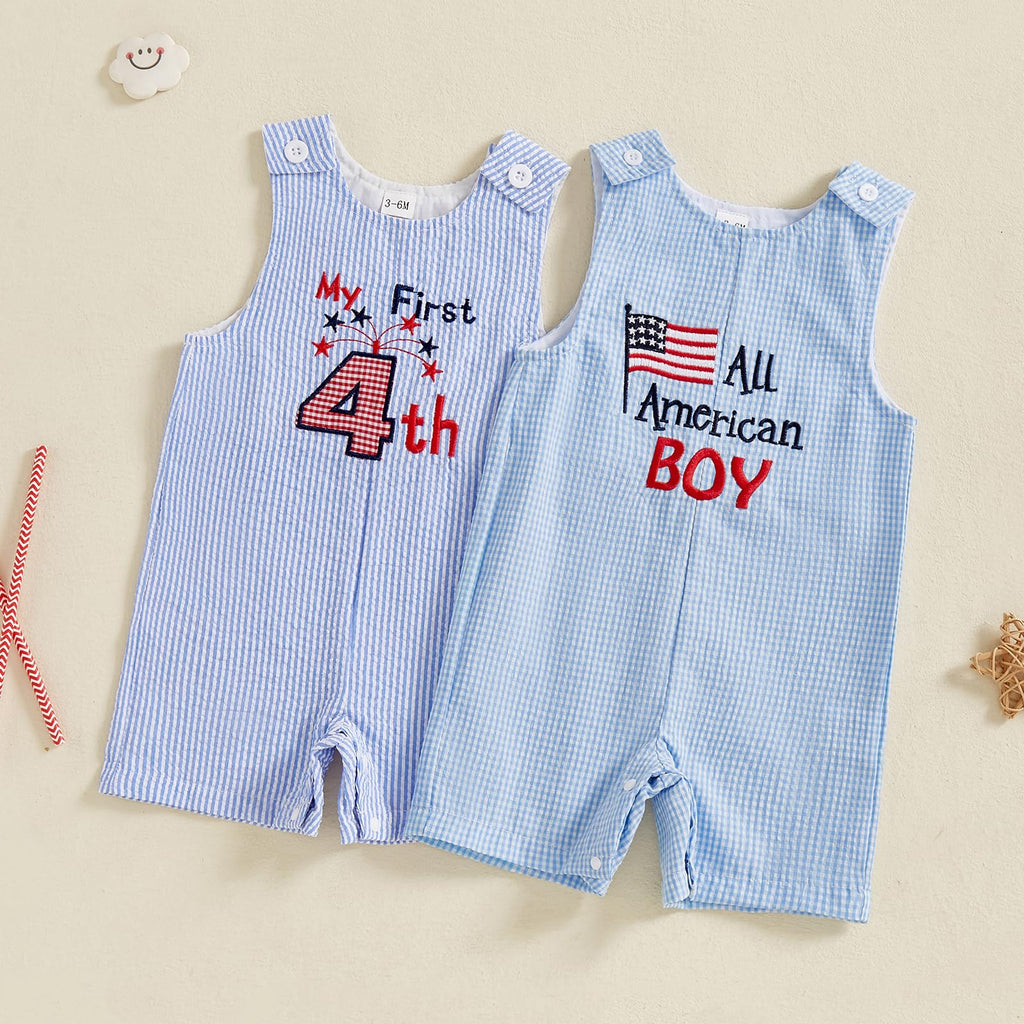 My First 4th Of July Baby Girl Boy Outfit American Flag Sleeveless Overalls Stars And Stripes Romper Memorial Day
