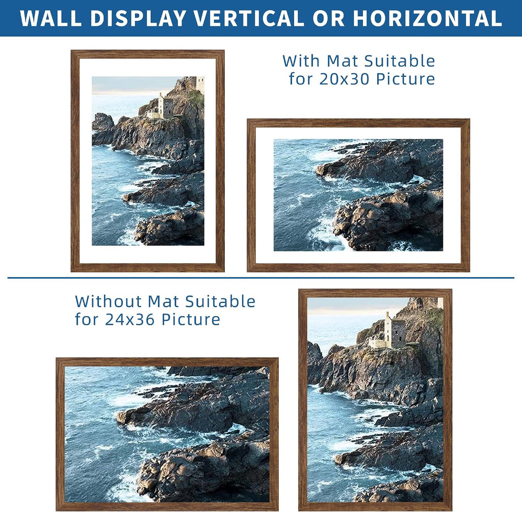 24x36 Poster Frame Set of 2, Rustic Brown Wood Style - Display 20x30 Picture with Mat or 24 x 36 Poster without Mat