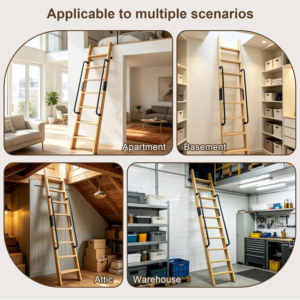 10.8FT Solid Wood Rolling Library Ladder, Industrial Style Loft Ladder with Double Handrails, 10 Steps Attic Ladder