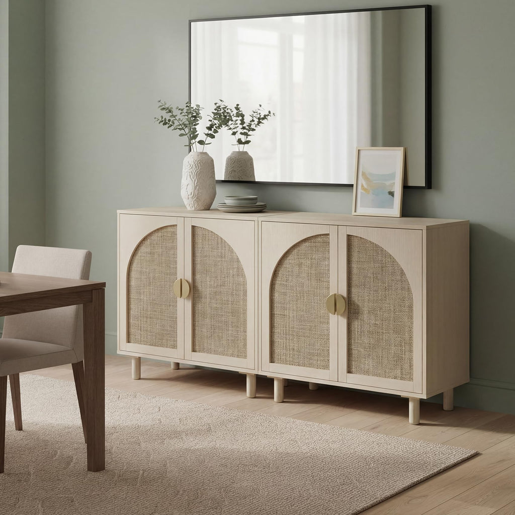 4 Doors Boho Rattan Storage Sideboard Cabinet, Kitchen Buffet, Beige, 2pcs.