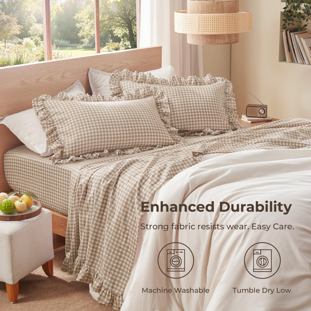Tan Gingham Ruffle Sheets Set 4 Pieces