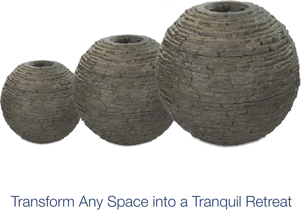 Stacked Slate Sphere Fountain, 18 Inch Diameter 46 cm, Lightweight Fiber-Resin Composite Decorative Water Feature