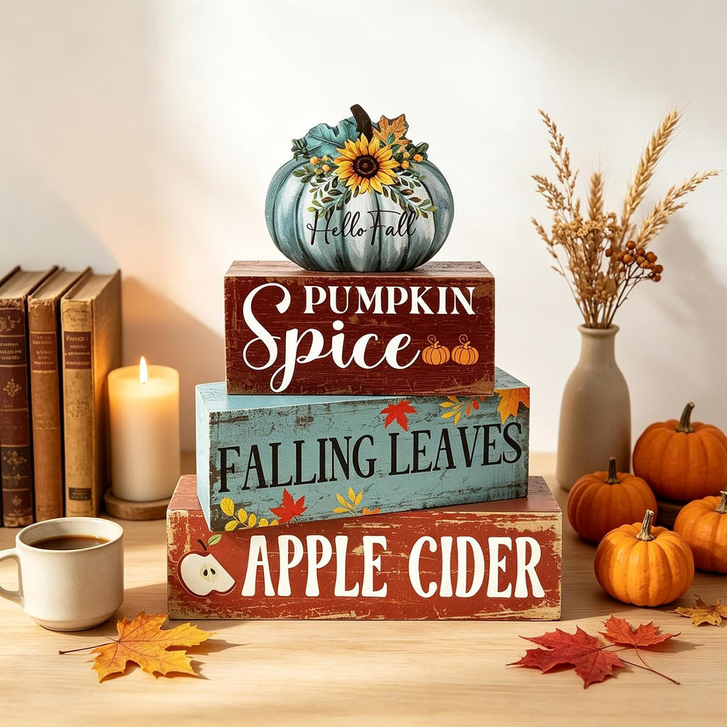 Fall Blue Pumpkin Wooden Block Signs Wooden Blue Pumpkin Decor - Set of 4