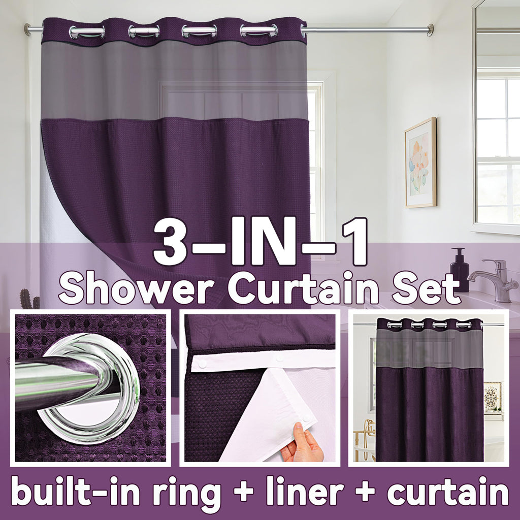 Extra Long No Hook Waffle Weave Shower Curtain with Snap in Liner Set, Hotel Luxury Purple Shower Curtains with See