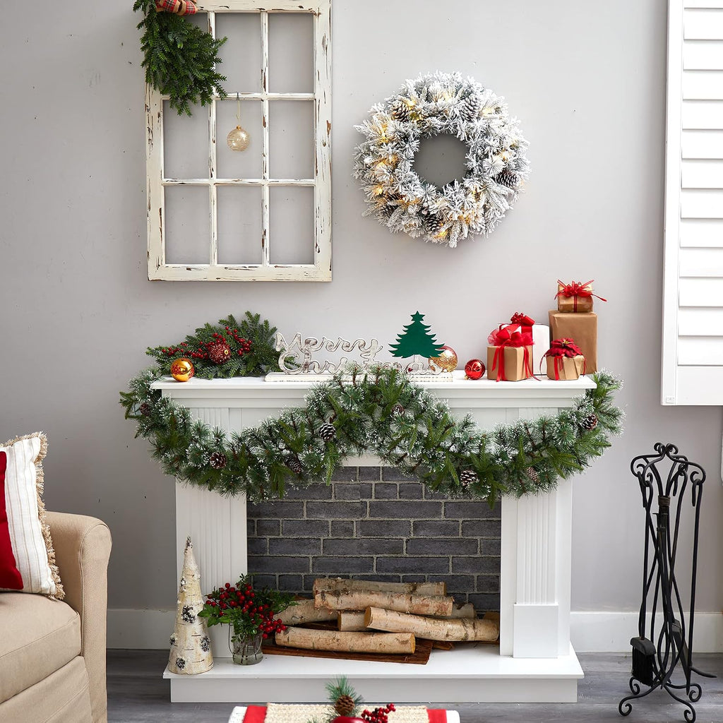 20in. Flocked Artificial Christmas Wreath with 35 Warm White LED Lights