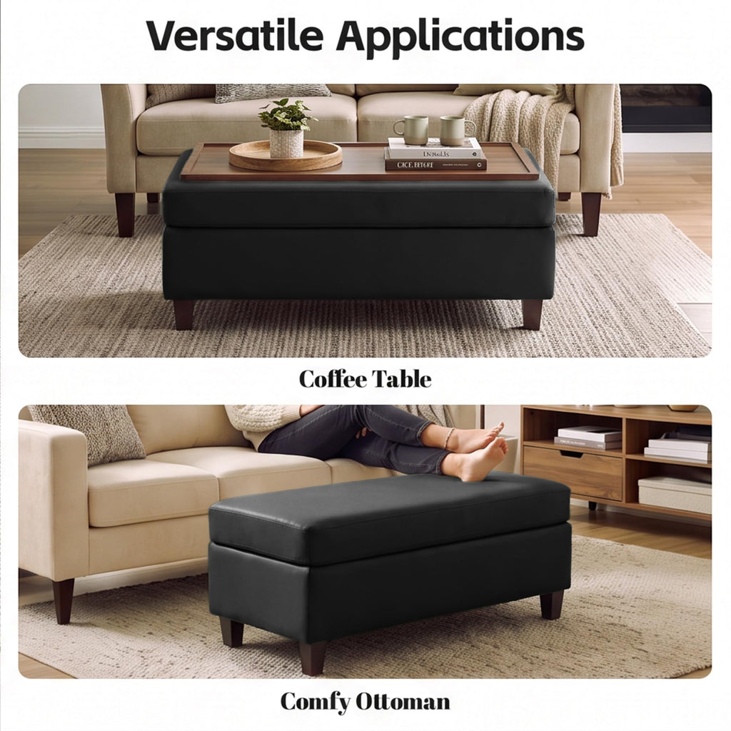 45" Ottoman Coffee Table with Storage, Reversible Wooden Tray Top, Large Storage Ottoman Bench, Leather Upholstered