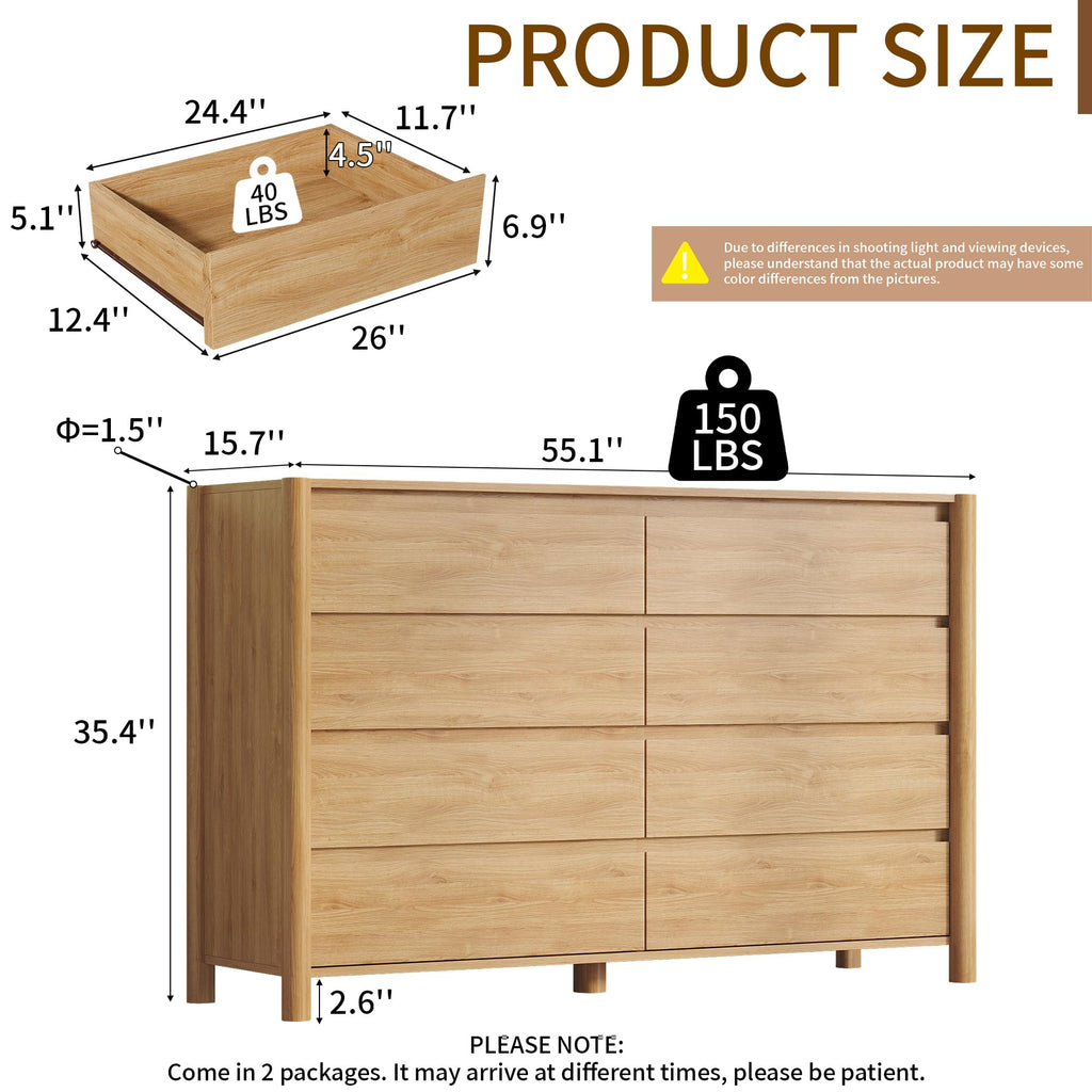 55.1" Wide Oak 8 Drawer Dresser with Solid Wood Legs