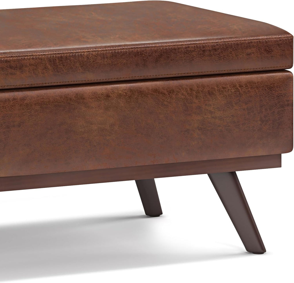 Owen 42" Wide Vegan Leather Lift Top Ottoman in Saddle Brown | Distressed saddle brown, mid-century modern lift-top