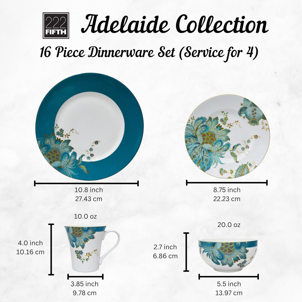 16-Piece Porcelain Dinnerware Set for 4, Elegant Floral Plates and Bowls Sets-White, Teal, Gold Ceramic Dishes, Chip