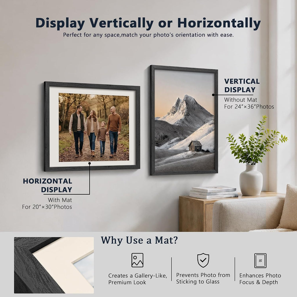 24x36 Frame 3 Pack, Black Solid Wood, 20x30 Mat, for Picture | Wide Border, Acid-Free Mat, 24x36 Poster Frame, Wall