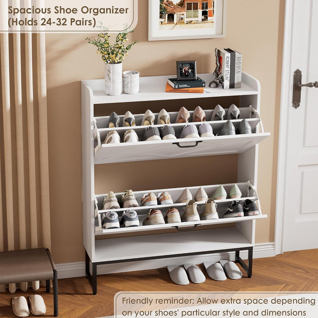 Shoe Cabinet with 2 Flip Drawers, Freestanding Shoe Organizer, Shoe Cabinet with Metal Legs, Narrow Shoe Rack Cabinet