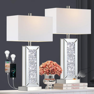 Modern Table Lamp Set of 2 Touch Control, Silver Mirror Big Diamond Crystal Bedside Lamp with USB C+A Ports, 3-Way