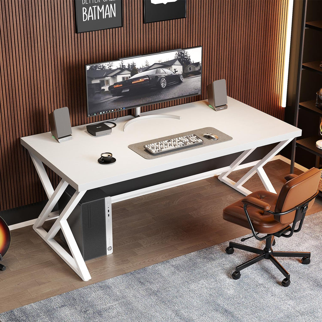 60 Inch White Modern Computer Office Desk Metal & Wood Writing Desks