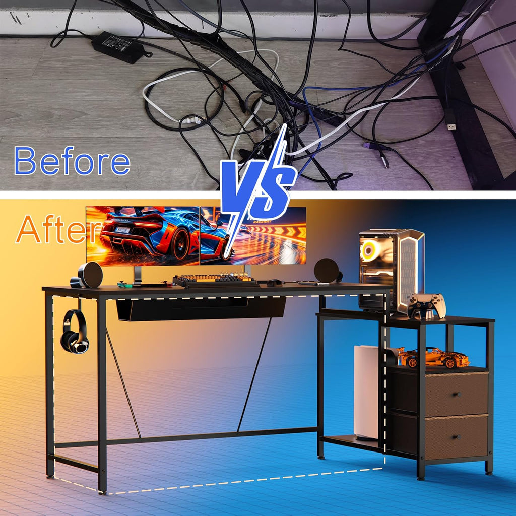 60Inch Gaming Desk Computer Desk Cable Management Carbon Fiber Texture Desk Corner Computer Desk Flip-up Computer