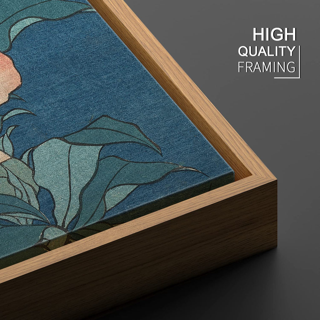 Floating Frame Canvas Print Wall Art - Japanese Woodblock Print Peonies and Canary by Katsushika Hokusai - 16x24