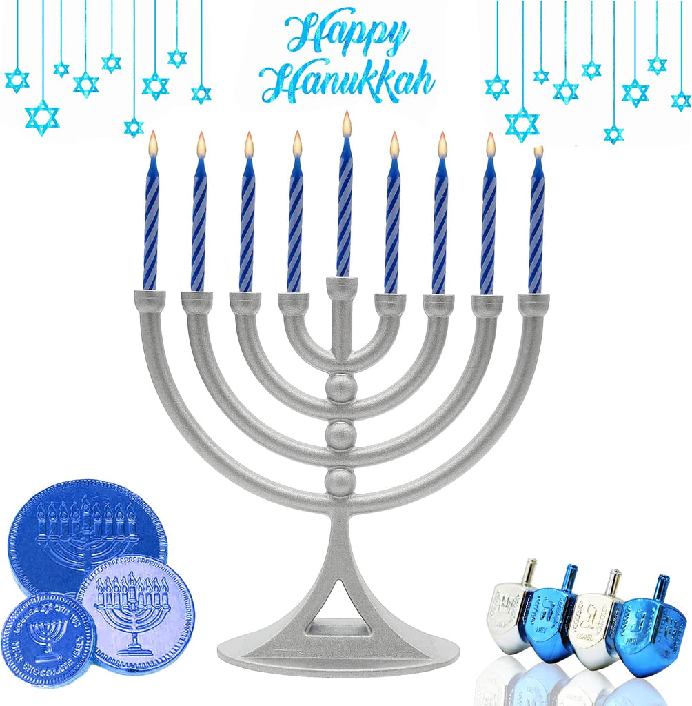 Hanukkah Silver Matte Mini with Candles Classic 5 Inch Great for Travel, Hanukkah Decor Centerpiece