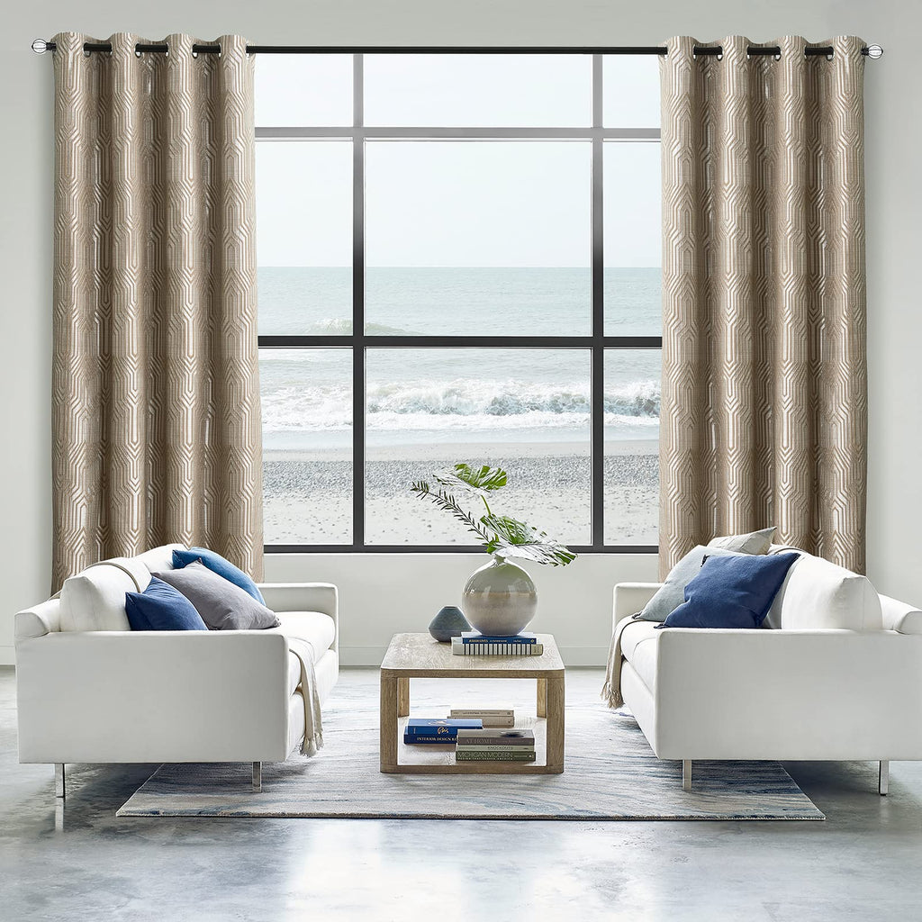 Light Brown and Silvery 100% Blackout Jacquard Geometric Pattern Curtains, 52 Inch Wide 96 Inch Length 2 Panels