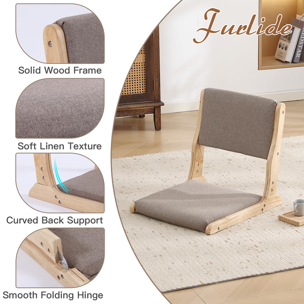 Foldable Floor Chair with Back Support, Wood Grey, No Assembly
