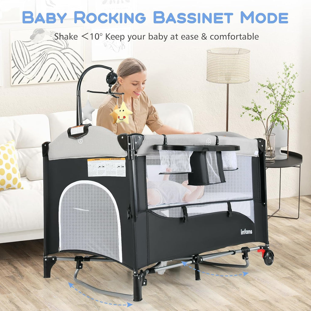 Pack and Play, 5 in 1 Baby Bedside Sleeper with Bassinet, Diaper Changer, Mattress, Carry Bag, Music Box Hanging