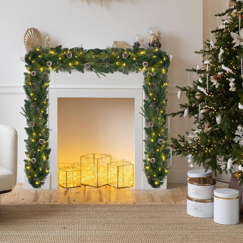 Pre-lit Christmas Garland with Lights 9FT 80LED Lighted Garland with Timer Faux Artificial Wreath Lights with Remote