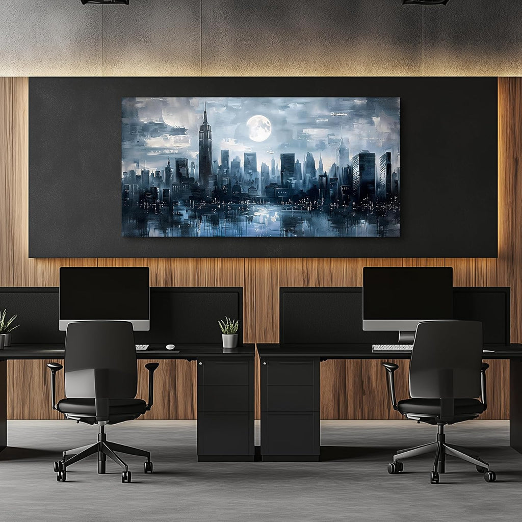New York Skyline Wall Art Prints, City Night Landscape Large Canvas Painting, Abstract Urban Architecture Aesthetic