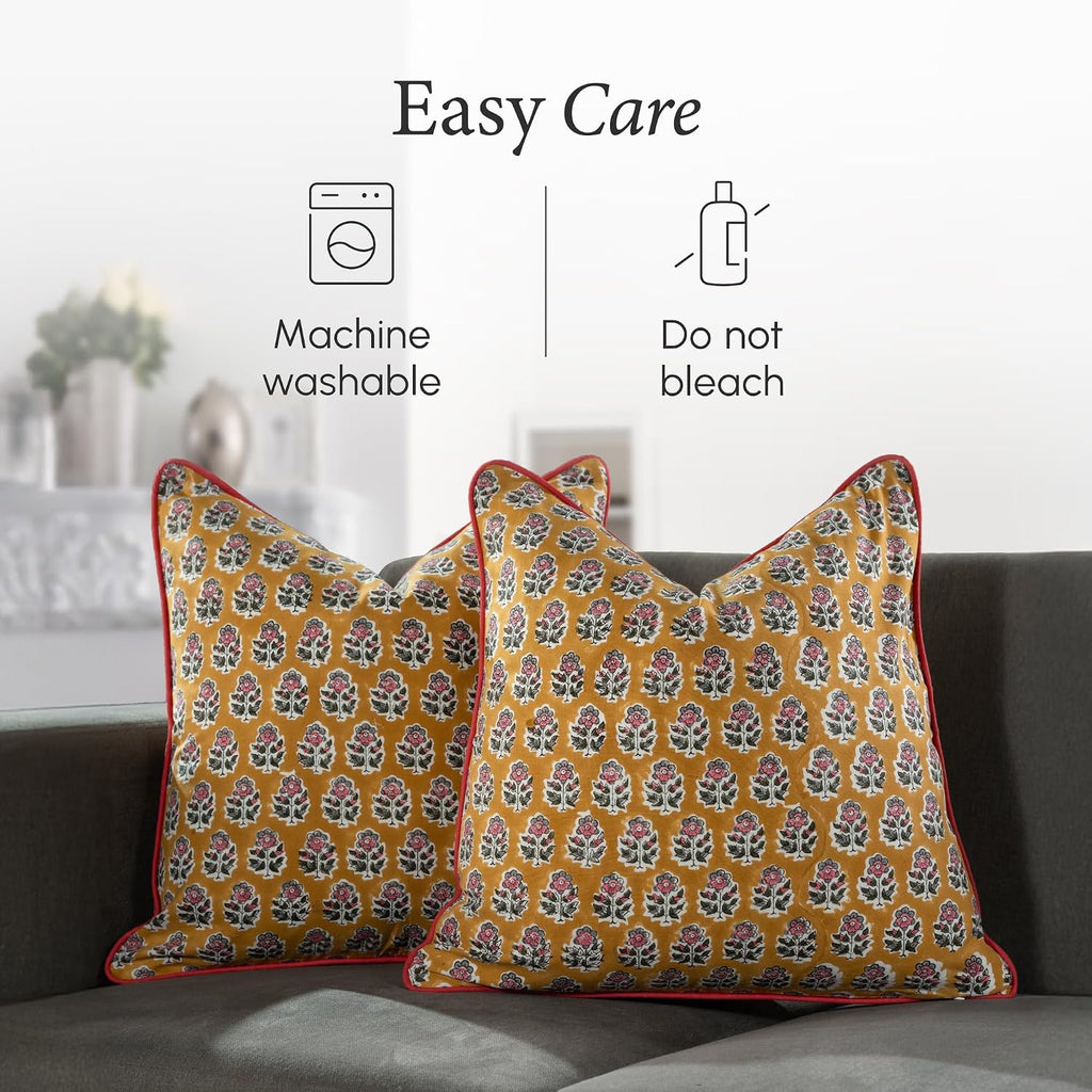 CPC 100% Cotton Throw Pillow Covers 20x20 Inch, Set of 2 Yellow Block Print Pattern Couch Pillow, Cute Boho