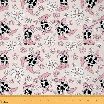 Cowgirl Boots Fabric by The Yard, Western Cowgirl Princess Style Pink Bowknot Decorative Fabric for Upholstery and DIY