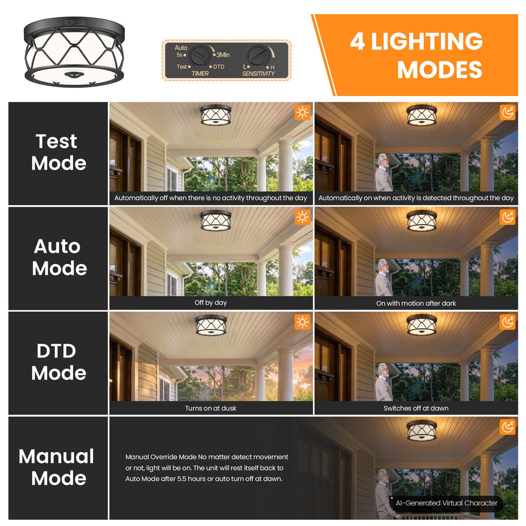 Motion Sensor Outdoor Ceiling Light, LED Flush Mount Porch Light