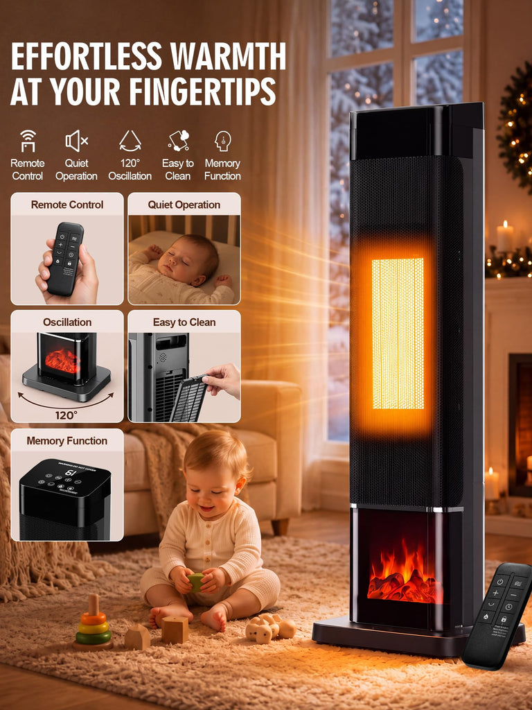 Space Heaters for Indoor Use, 1500W Electric Tower Heater for Large Room with Thermostat, 120° Oscillation&Child