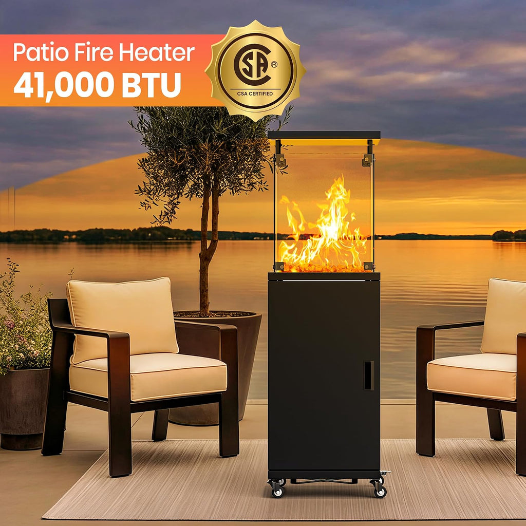 41,000 BTU Patio Heater,Propane Outdoor Heater With Cover,CSA Certificated, Lockable Wheels,Tempered Glass