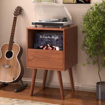 Mid Century Modern Record Player Stand with Vinyl Storage, Brown