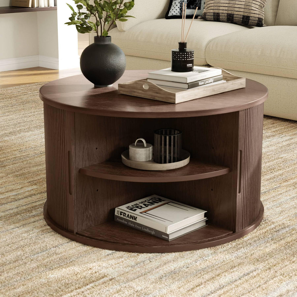 Round Coffee Table, 31.5" Drum Coffee Table with Sliding Tambour Door, Fluted Accent Center Table with Storage, Mid