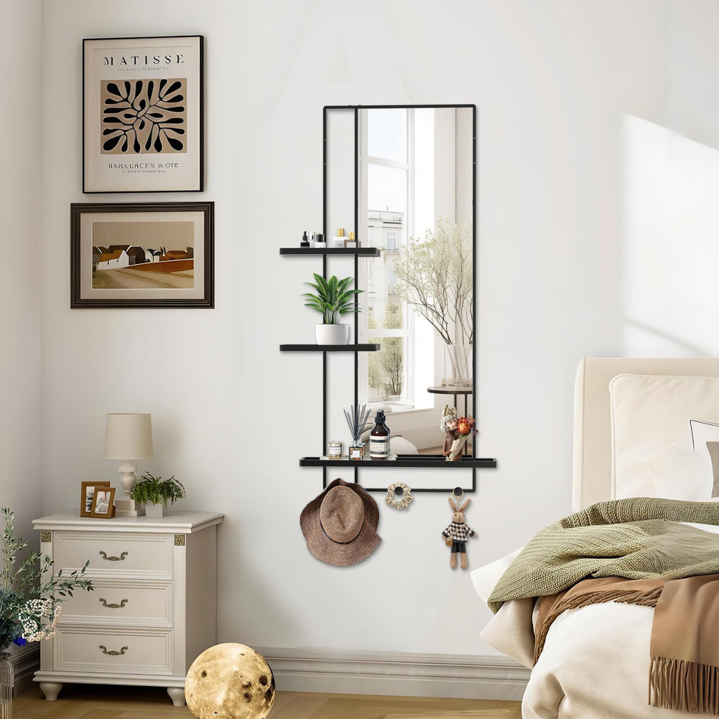 Over The Door Full Length Mirror with 3 Detachable Trays & 2 Hooks