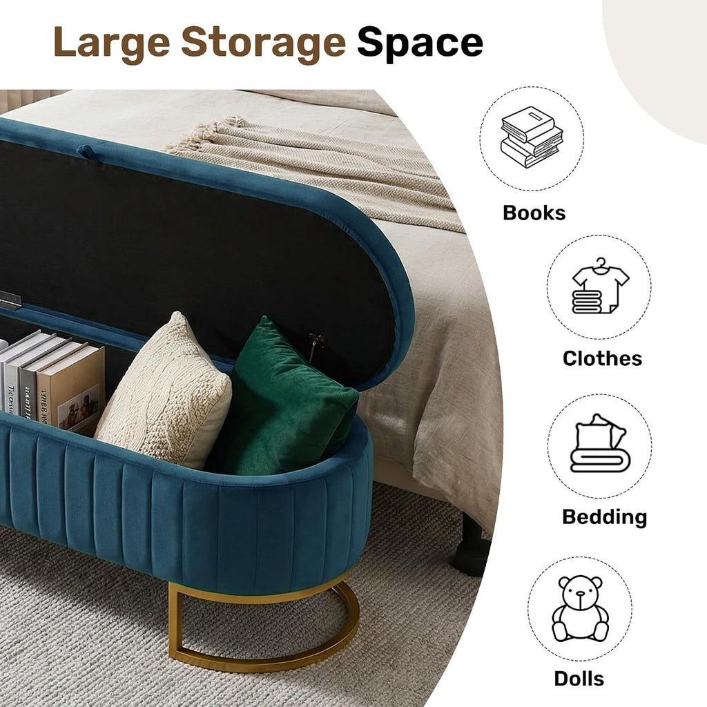 51" Velvet Storage Ottoman Bench End of Bed Entryway Dark Blue | Velvet Large Storage Solid Wood with Metal Leg 300