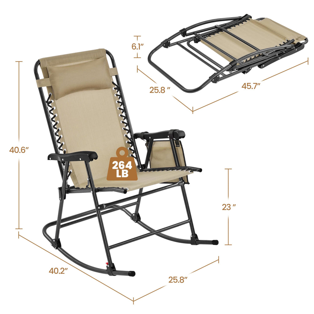 Patio Rocking Chair Folding Camping Chair with Pocket, Beige