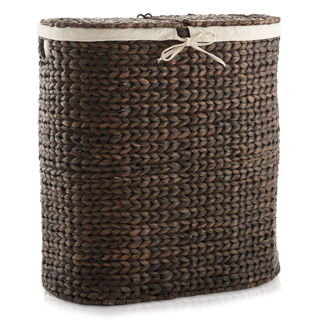 Oval Laundry Hamper with Lids and Removable Liner Bags - Espresso Dark Brown, Woven Water Hyacinth 2-Section Laundry