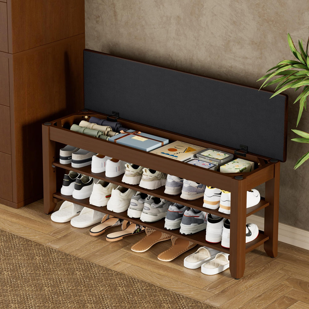 39.4" Wide Solid Wood Shoe Rack Bench with Flip-Top Storage
