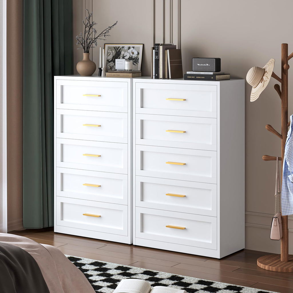 White Metal Dresser with 5 Spacious Drawers, Modern Chest of Drawers with Gold Handles, Metal Chest of Drawers
