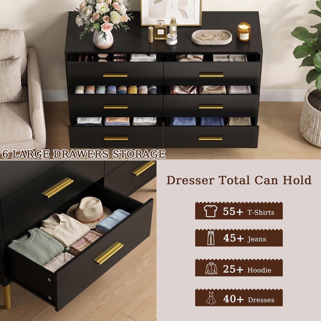 Black 6 Drawer Dresser, 47" Wood Dresser with Gold Handles
