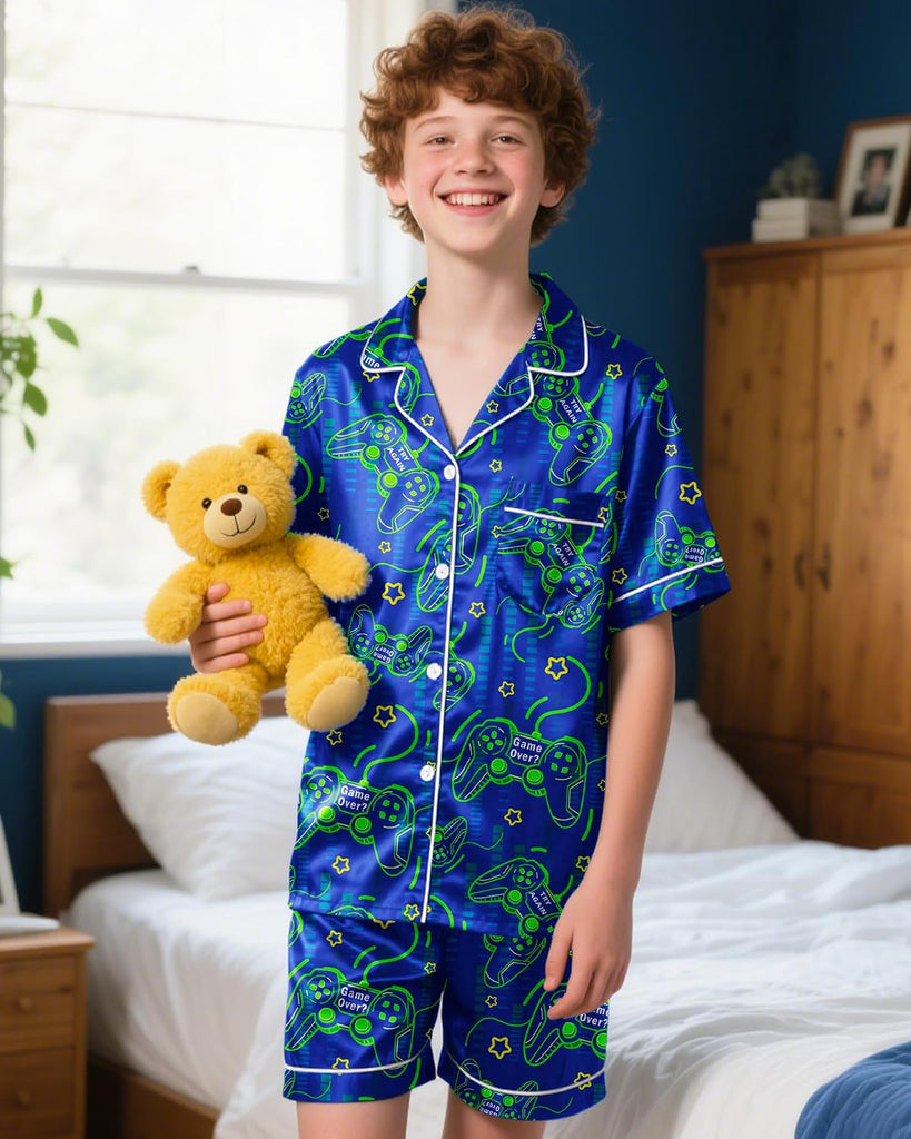 Boys Pajamas Boys Satin Pajamas Set Summer Short Sleeve Button-Down & Shorts Pjs Kids Boy Silky Pajama