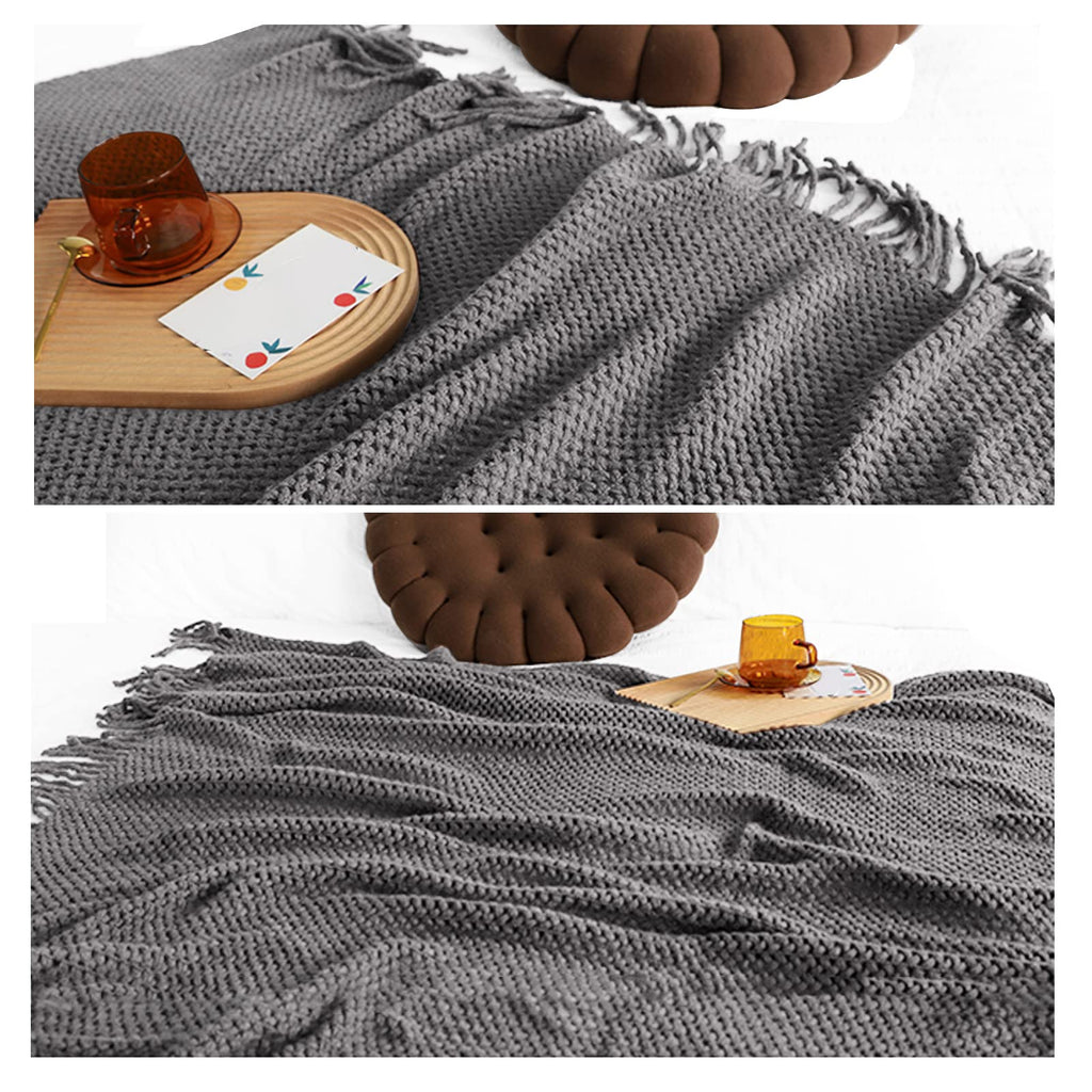 Knitted Throw Blanket with Tassel Breathable Cellular Blanket Nordic Style Soft Cozy Couch Cover Decorative Blanket