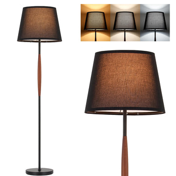 Mid Century Modern Floor Lamp, Solid Wood Reading Standing Lamp with Black Linen Fabric Shade, Vintage Corner Light