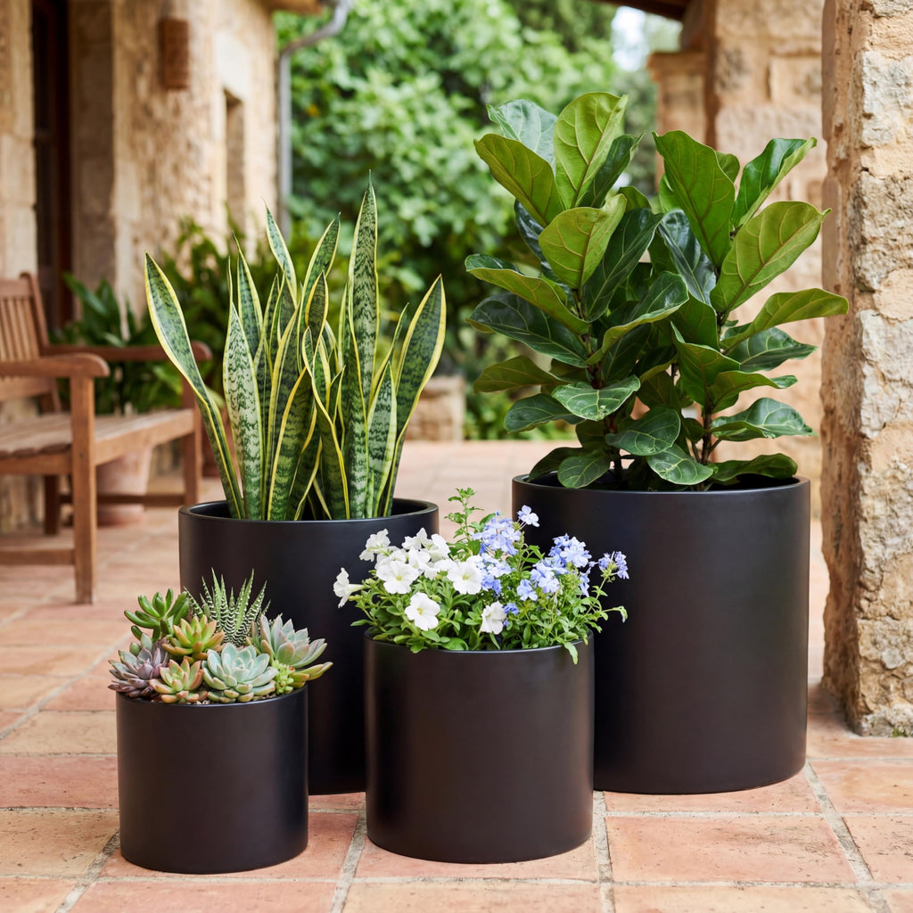 12 Inch Fiberstone Planter - Lightweight Modern Cylinder Plant Pot with Drainage Hole & Plug, Indoor Outdoor Use