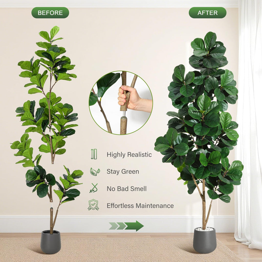 7 ft Fiddle Leaf Fig Tree Artificial with 141 Leaves - Realistic Faux Ficus Lyrata Trees in 9 in Grey Planter Pot