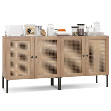 Buffet Cabinet Set of 2, Wood Sideboard Storage Cabinet with Rattan Door, 3-Position Adjustable Shelf, Freestanding