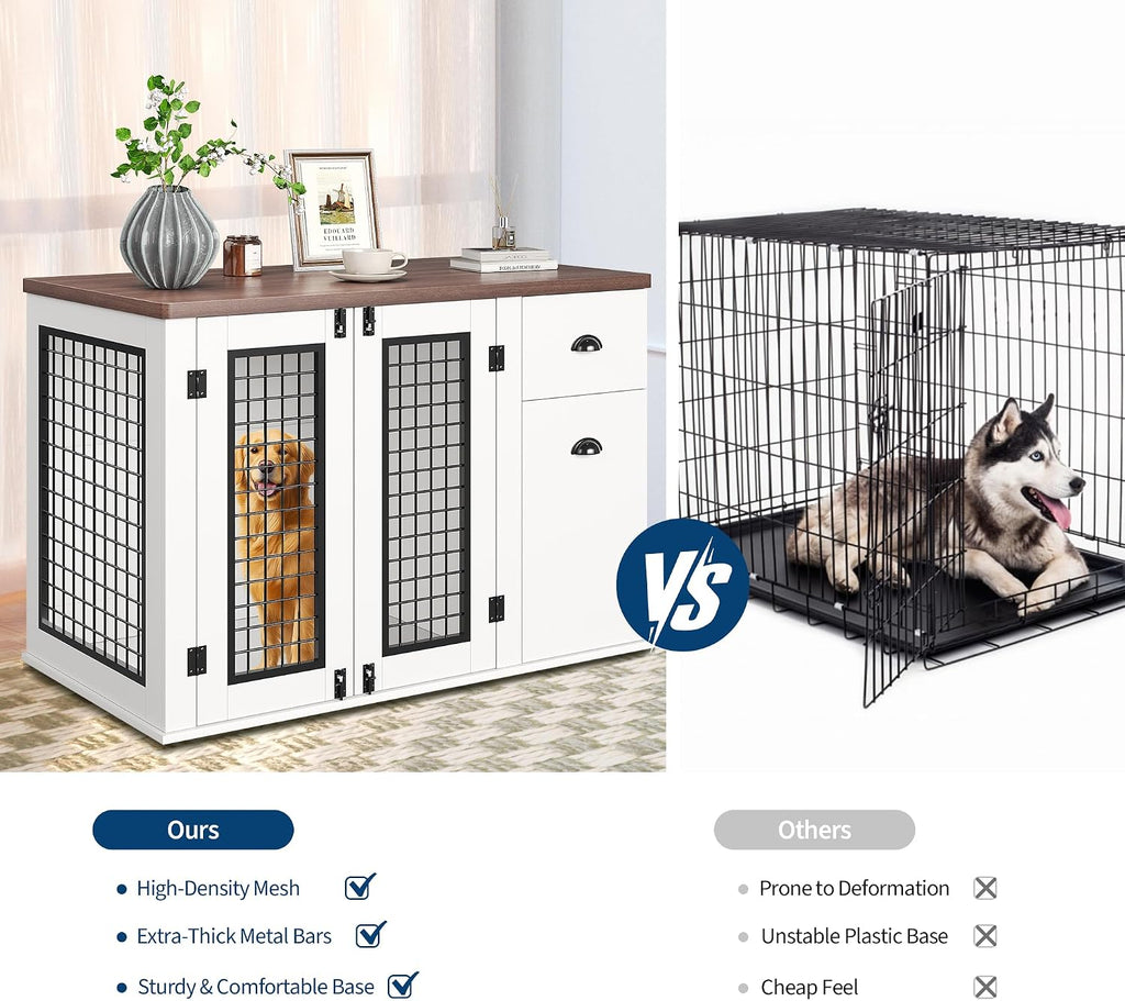 Elegant Wooden Dog Crate Furniture with Double Doors, Storage Drawers, Side Cabinet - Durable Heavy Duty Indoor