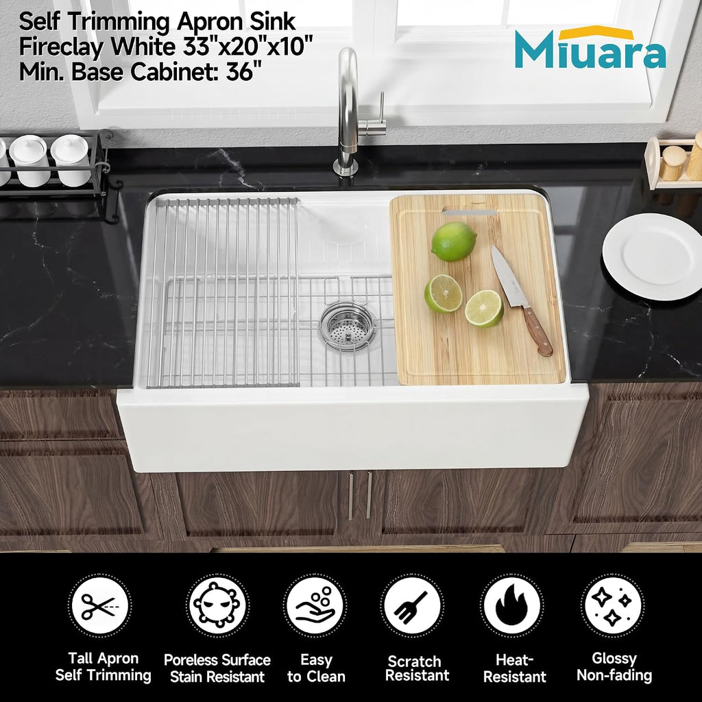 33 x 20 Inch Self-trimming Farmhouse Workstation Kitchen Sink White | Fireclay large single bowl apron front farm